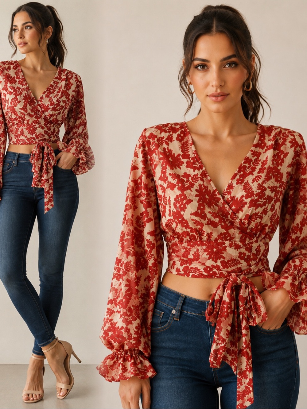 Papaya Red Floral Wrap Crop Top